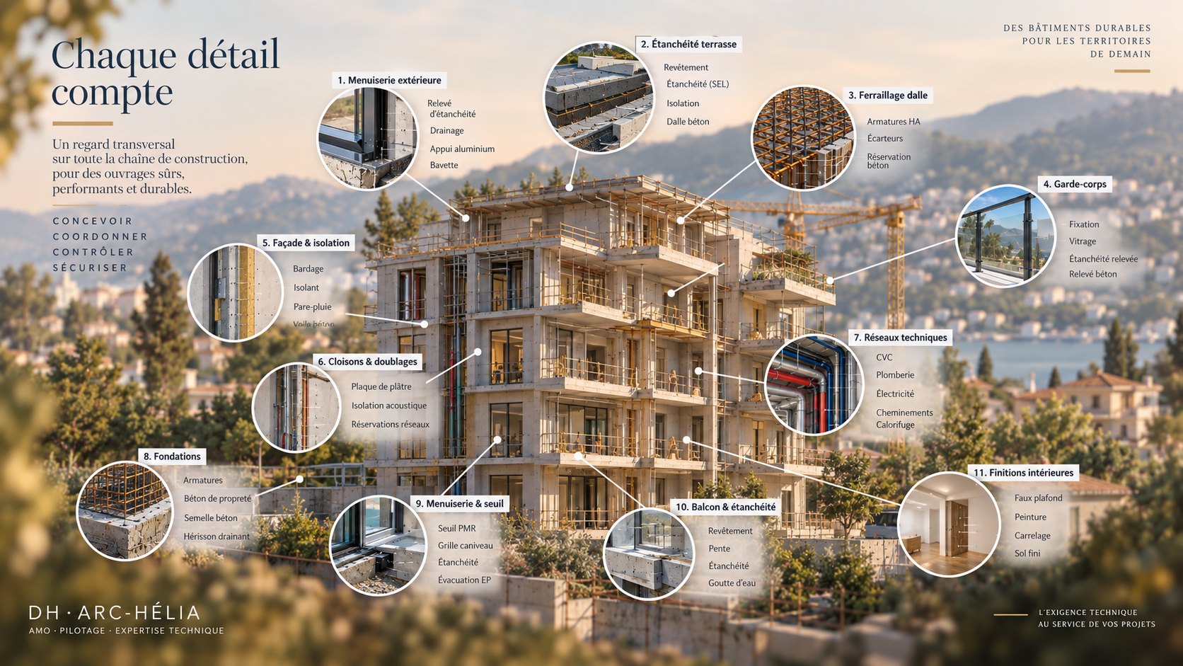 Infographie chantier détaillant les points de contrôle d’un bâtiment d’habitation collective